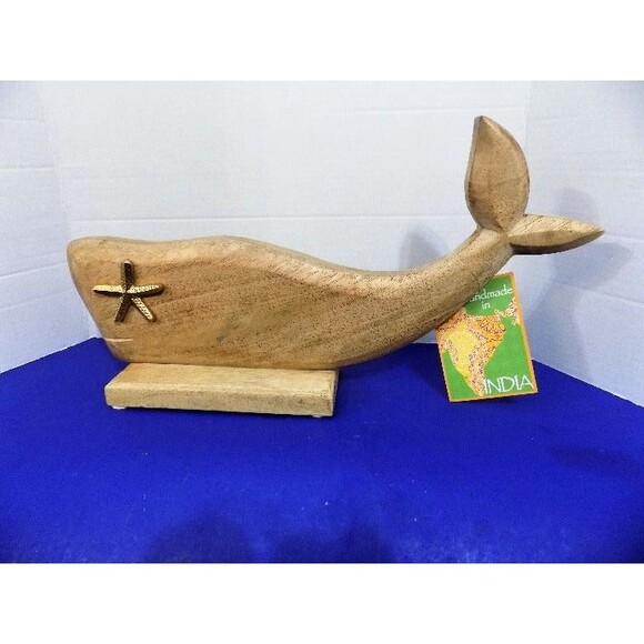 NEW Wood Carved Whale Statue Figurine Coastal Nautical Decor Fish Marine India - Picture 1 of 5